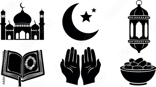 Islamic religious symbols and icons with mosque crescent lantern prayer and holy book vector collection