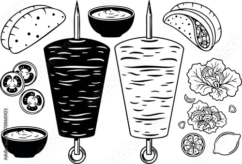 Shawarma meat and taco ingredients with sauces and vegetables in black and white vector style food illustration