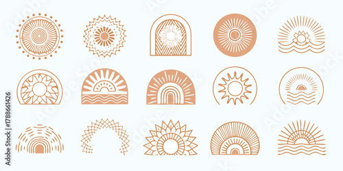 Collection of boho sun and rainbow icons with abstract geometric shapes and waves