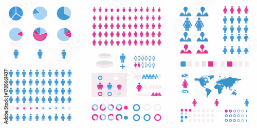 Collection of infographic elements including pie charts people icons and world map for data visualization