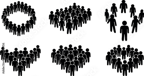 Vector silhouettes of groups of people in different shapes with social connection and community concept illustration