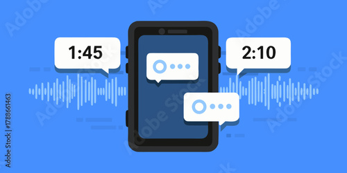 Modern smartphone displaying chat bubbles and audio waveform with timestamps representing communication and messages