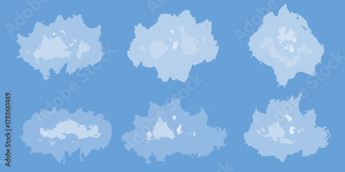 Six abstract light blue cloud shapes with irregular edges scattered across a solid blue background