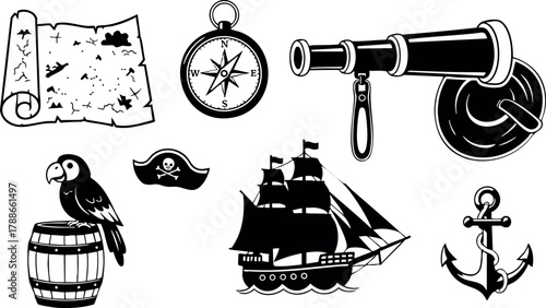 Pirate ship sailing with telescope compass map parrot anchor and barrel nautical vector illustration