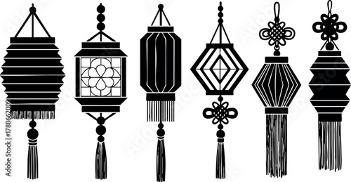 Chinese traditional lanterns vector set with various shapes and tassels black silhouette design