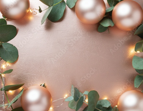 Festive ornaments and eucalyptus branches: a close-up shot of elegant Christmas baubles artfully arranged amid vibrant greenery, creating a visually rich and textured scene. 