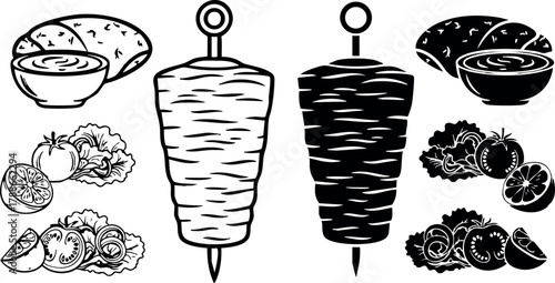 Shawarma and Doner Kebab Meat Vertical Rotisserie with Fresh Vegetables and Bread Vector Illustration