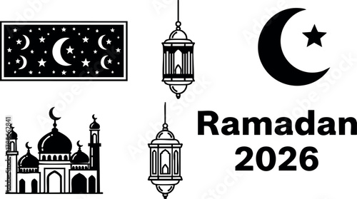 Ramadan 2026 islamic crescent moon mosque lantern star decoration vector illustration