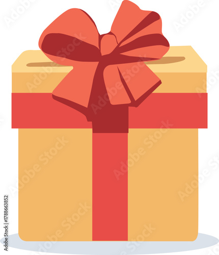 A cheerful present box illustrated in a flat vector style, featuring a warm yellow gift with a bright red ribbon and large decorative bow. 