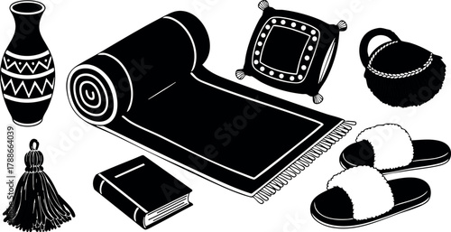 Traditional home accessories with rug, pillow, slippers, vase, book, and pot in black silhouette style vector illustration
