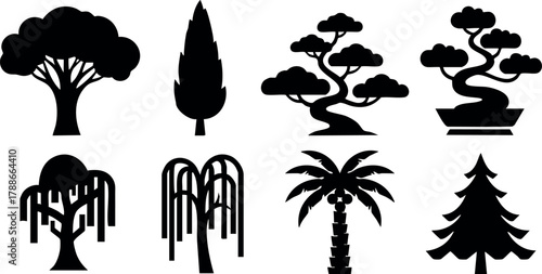Various tree silhouettes including oak pine bonsai palm and fir tree vector set for graphic design and nature themes