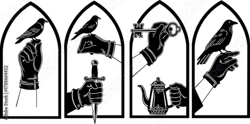 Gothic style black silhouette hands holding bird, dagger, telescope, and coffee pot in arched frames vector artwork