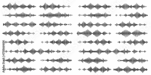Collection of black and white sound waveforms and audio visualizers on a white background