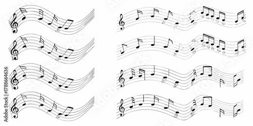 Collection of flowing musical staves with black notes and treble clefs on a white background