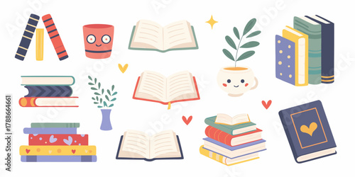 Collection of cute illustrated books plants and decorative elements for reading lovers