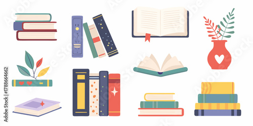 Collection of charming flat design illustrations featuring stacks of books open books and a decorative vase with leaves