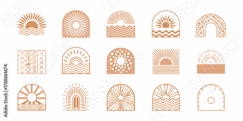 Collection of minimalist boho sun and wave arches with geometric patterns