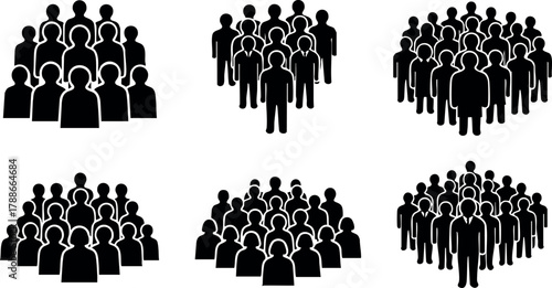 Crowd group people silhouettes in different formations standing together on white background vector illustration