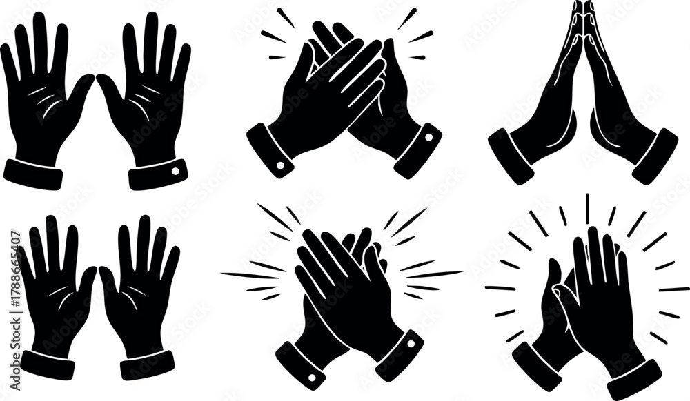 Fototapeta premium Hands clapping and praying gestures vector set with black silhouette style for design and communication elements