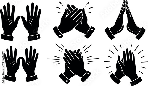 Hands clapping and praying gestures vector set with black silhouette style for design and communication elements