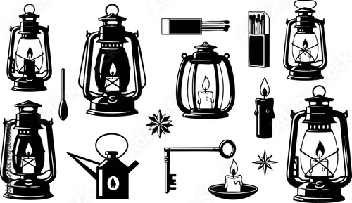 Vintage lanterns and old-fashioned lighting devices collection vector illustration in black and white style