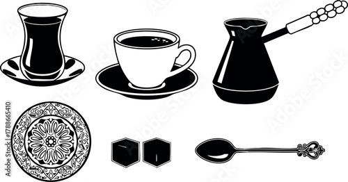 Traditional Turkish coffee set with cezve cup saucer and sugar cubes vector illustration black and white style