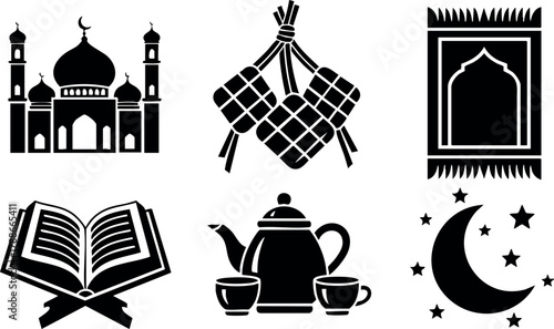 Islamic symbols vector set including mosque, ketupat, prayer rug, Quran, teapot with cups, crescent moon and stars designs