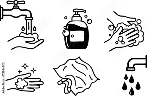Handwashing hygiene icons with soap water faucet and towel vector set for cleanliness and health safety