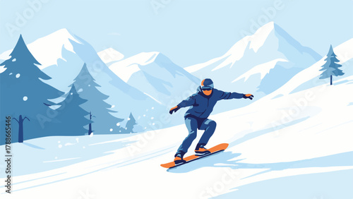Skier descending snowy mountain slopes in winter landscape with pine trees and blue sky
