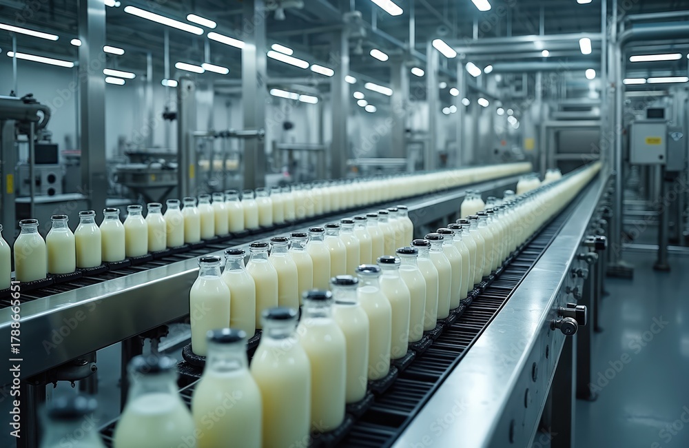 Obraz premium Milk bottles on production line in factory. Bottled milk moving on conveyor belt. Industrial dairy production facility with automated equipment. Metal machinery, pipes. Glass bottles with milk.