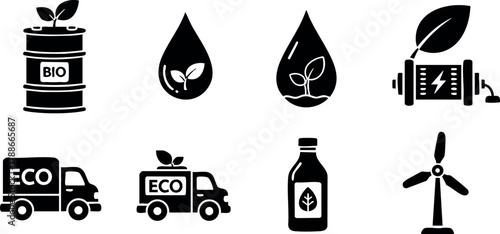 Eco friendly bio energy and sustainable natural resources icons vector design set with leaf and water drop symbols