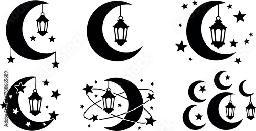 Crescent moon and lantern vector icons with stars and celestial decoration for mystical night design