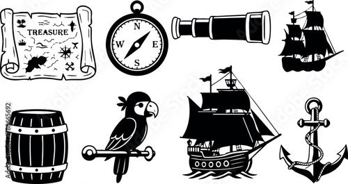 Pirate treasure map compass telescope sailing ship parrot barrel anchor vector icons set illustration