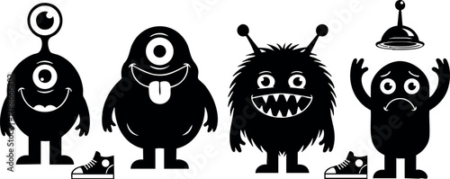 Cute black silhouette cartoon monsters with one eye and funny expressions vector illustration
