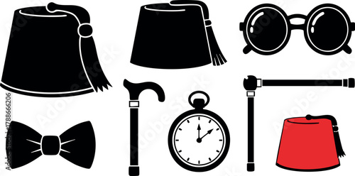 Vintage accessories set including fez hats bow tie round glasses walking cane and pocket watch vector illustration
