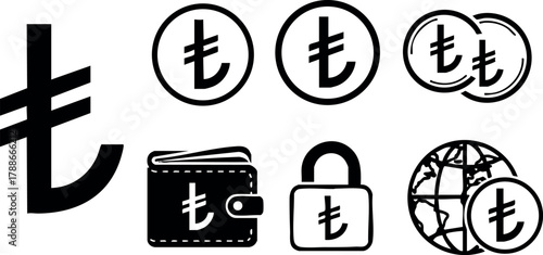 Turkish Lira Symbol Various Icons Wallet Lock Globe Currency Vector Set for Finance and Business Usage