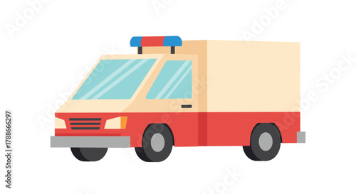 Cartoon red and beige delivery service van with siren lights
