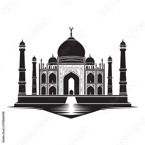 Detailed Silhouette of Taj Mahal Famous Landmark in Agra India Depicting Indian Architecture Culture Mughal Empire Travel Destination and Historical Monument