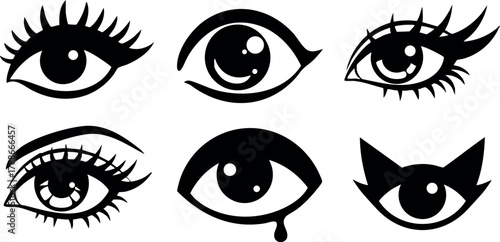 Set of five black and white eye designs different styles vector illustration collection