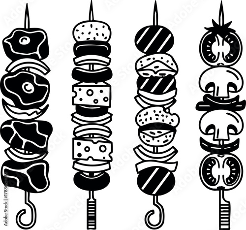 Skewered grilled meat and vegetables barbecue set vector illustration for cooking and food design