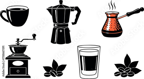 Coffee brewing equipment and glass cup with coffee beans vector illustration for beverage lovers and baristas