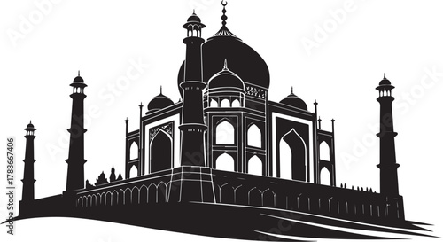 Detailed Silhouette of Taj Mahal Famous Landmark in Agra India Depicting Indian Architecture Culture Mughal Empire Travel Destination and Historical Monument