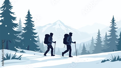 Group trekking in winter forest landscape with snow and pine trees