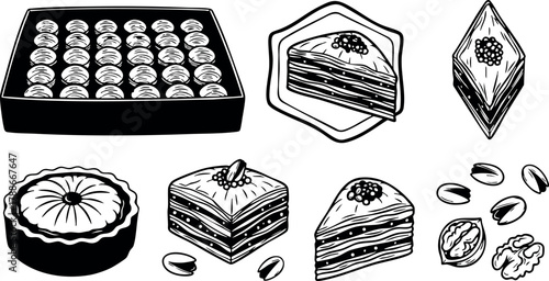 Assorted Middle Eastern Baklava Desserts with Nuts and Sweets Vector Black and White Illustration