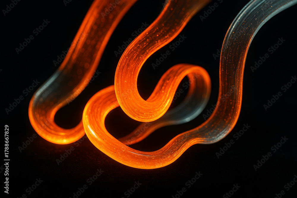 Fototapeta premium Glowing Orange Glass Like Abstract Light Trails On Black Background Neon Orange Curved Light Waves Motion Graphic