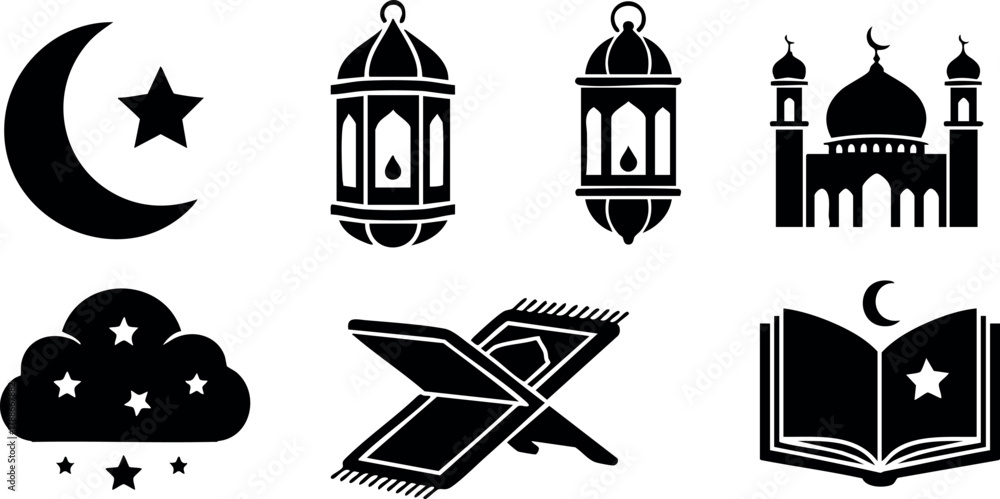 Fototapeta premium Islamic symbols crescent star mosque lantern prayer book and cloud in vector silhouette style for religious design and culture elements