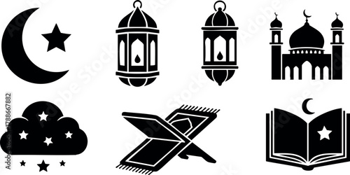 Islamic symbols crescent star mosque lantern prayer book and cloud in vector silhouette style for religious design and culture elements