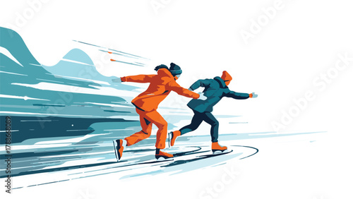 Winter ice skating illustration of people enjoying outdoor activity in snow landscape