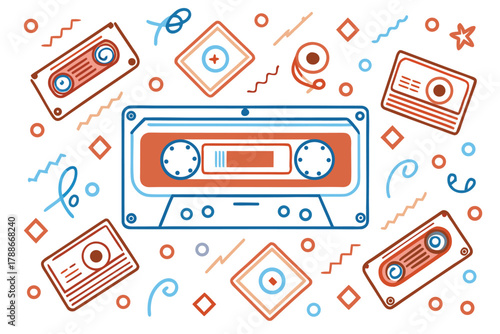 Retro cassette tapes and abstract shapes in warm orange and cool blue audio music