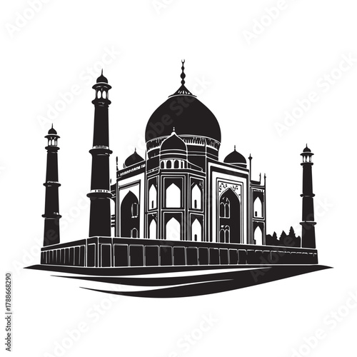 Detailed Silhouette of Taj Mahal Famous Landmark in Agra India Depicting Indian Architecture Culture Mughal Empire Travel Destination and Historical Monument